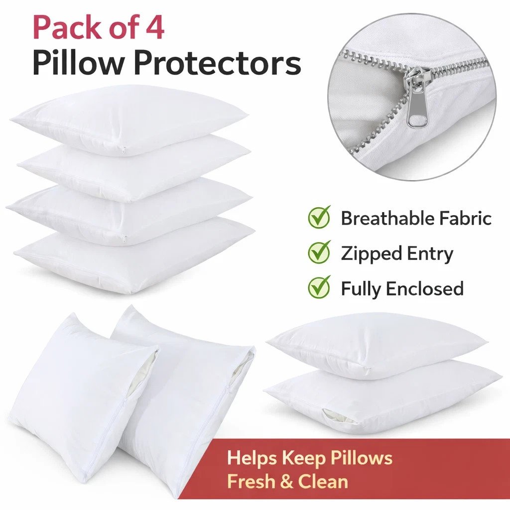Dream Luxe 4 Pack Pillow Protectors Zippered Anti-Allergy Breathable Covers