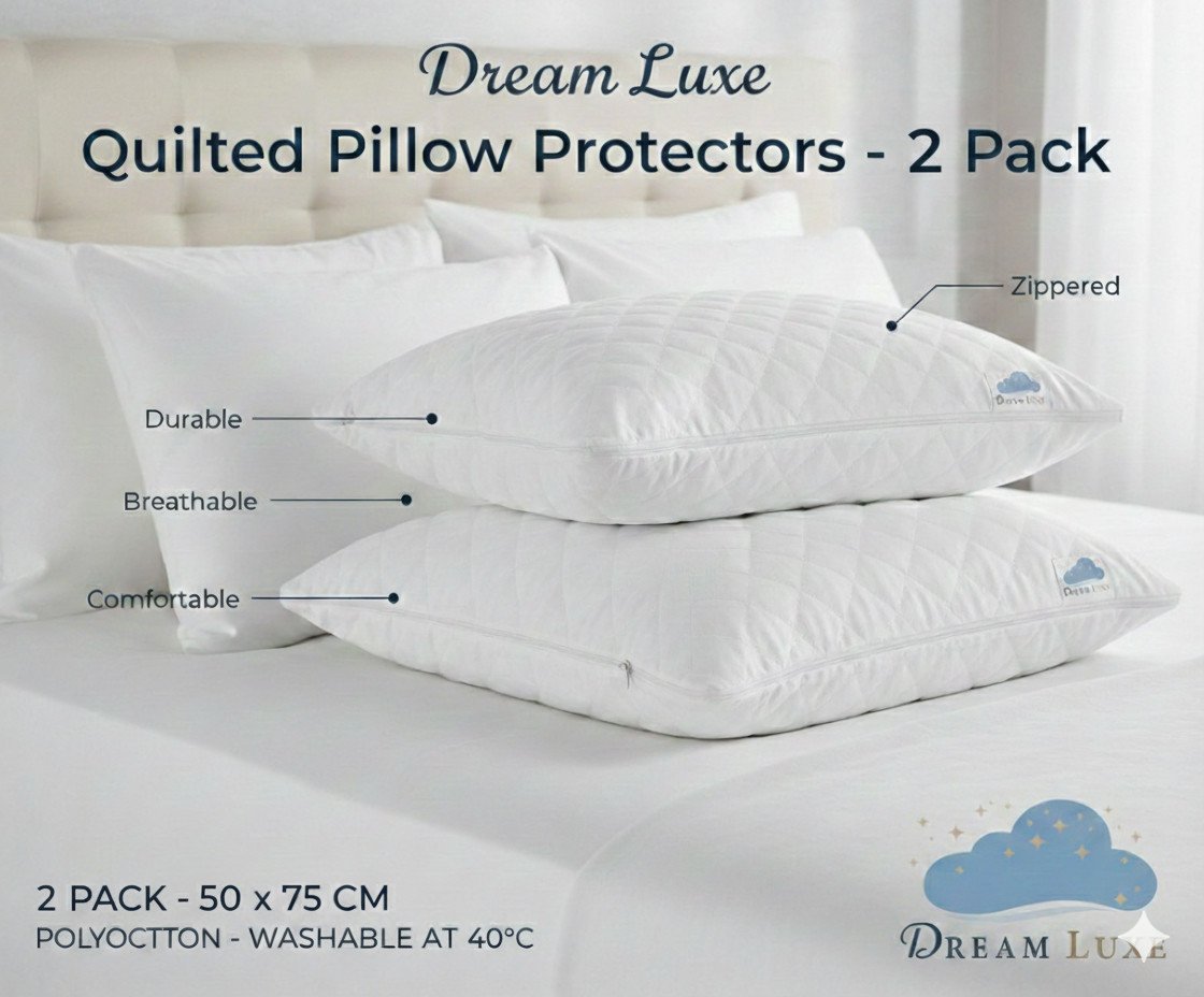 Dream Luxe Quilted Pillow Protectors 2 Pack Zipped Anti Dust Mite Covers